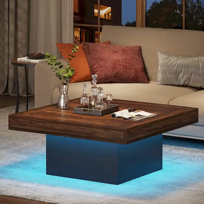Square Coffee Table with LED Edge Lighting and Open Shelf