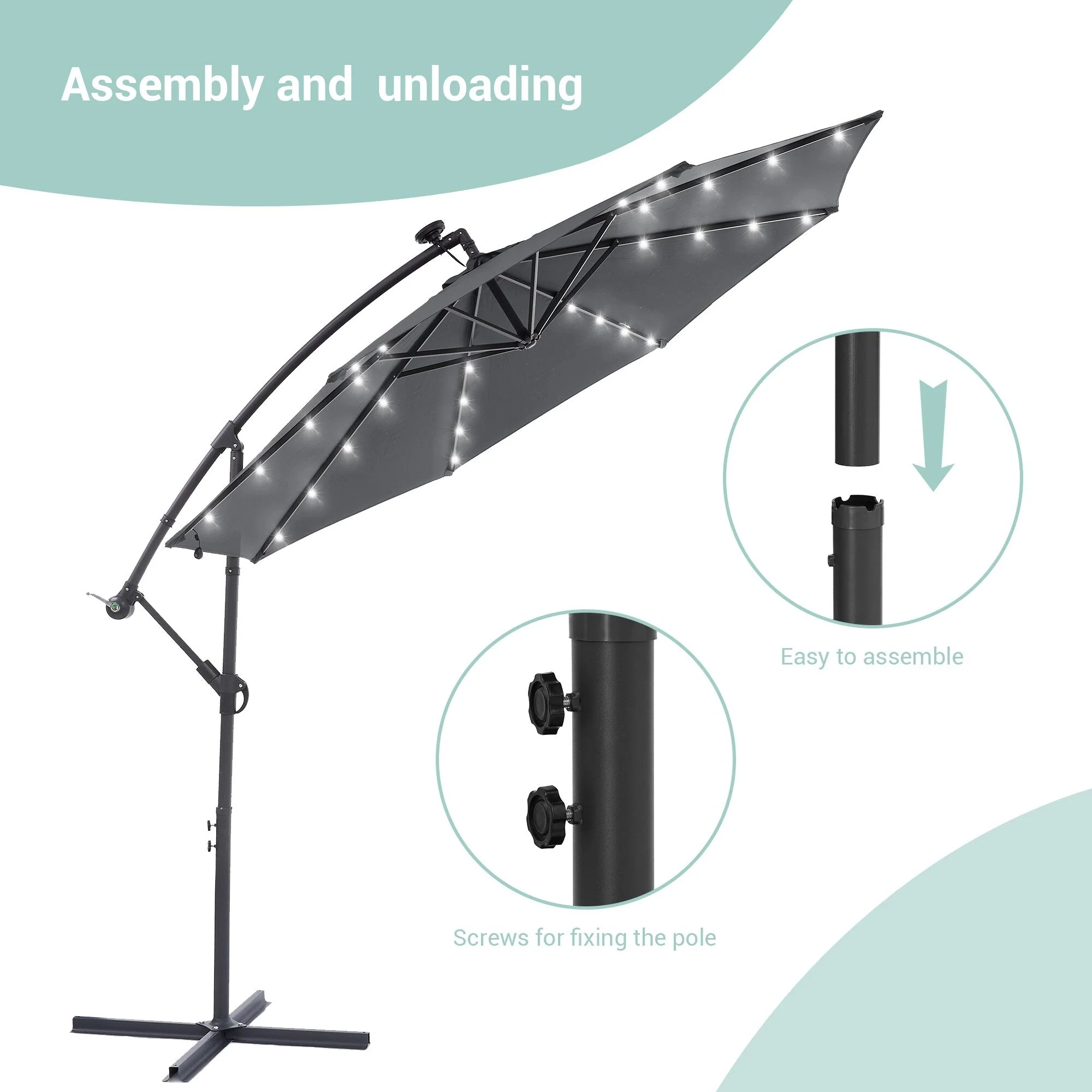 LIVOOSUN 10ft LED Patio Offset Umbrella With Cross Base