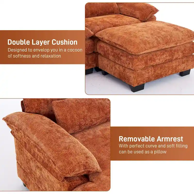 Ouyessir Soft Chenille Fabric U-shaped Sectional Sofa Set with Doudle Layer Cushion