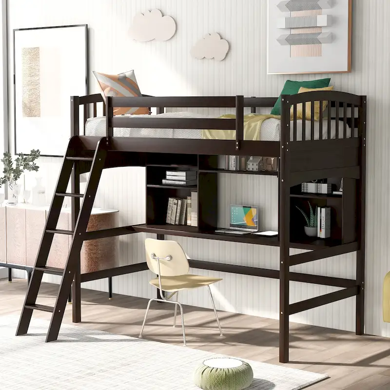 Twin Size Loft Bed with Storage Shelves Desk and Ladder