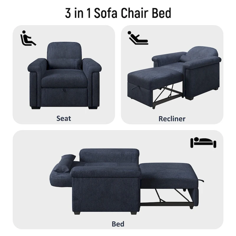 Living Room Lounger Chair 3 in 1 Convertible Sleeper Chair with Pillow