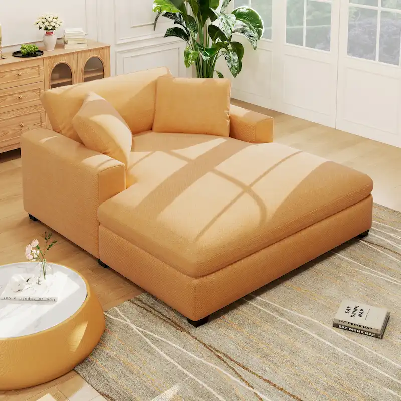 Oversized Chaise Lounge Sofa, Fabric & Solid Wood Legs, 53.5"W x 70.9"D, 550 lbs, Yellow/Grey/Beige