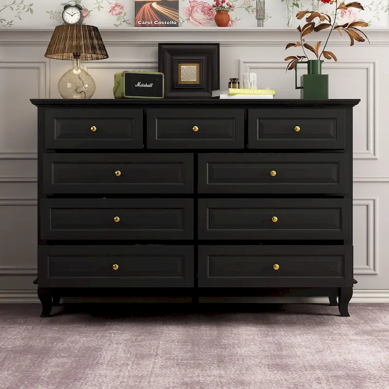 9-Drawer Dresser with Solid Wood Legs Chest Of Drawers Lacquer Console