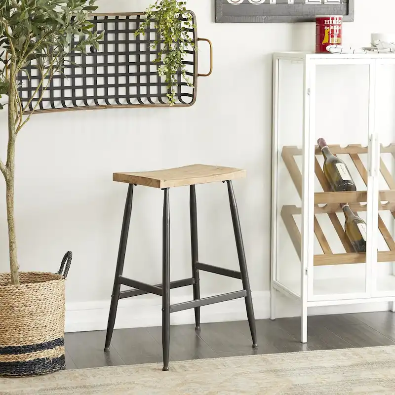 Metal Counter Stool with Brown Wood Top - Black