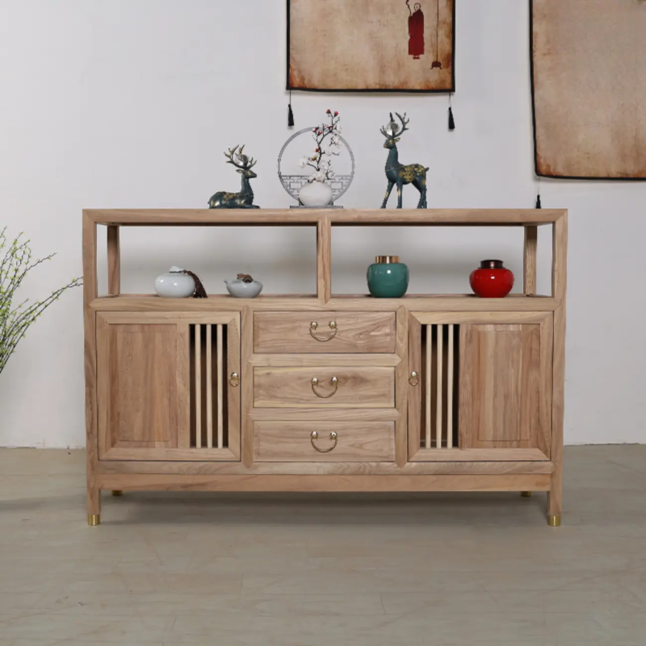 Natural Finish Wood 2-Shelf Sideboard with Drawers