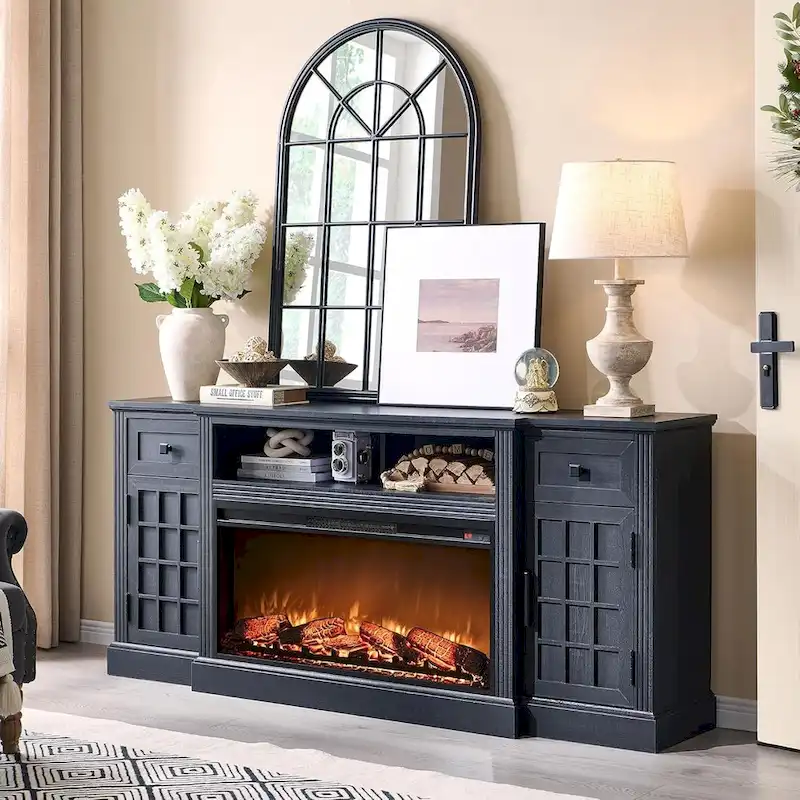 Black/Brown/White Farmhouse Electric Fireplace TV Stand, Fits 80