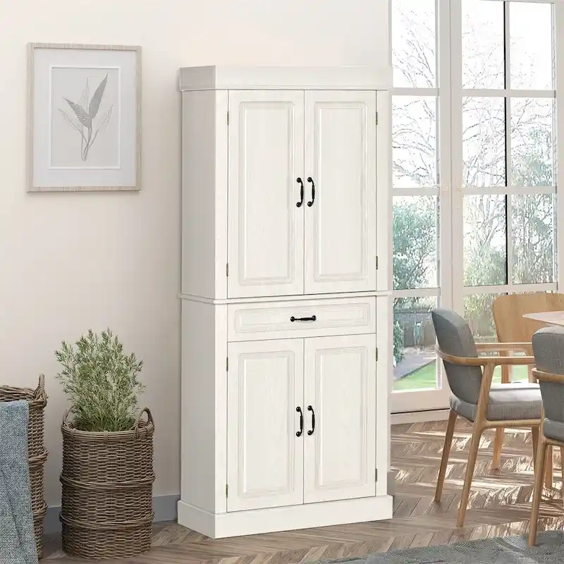 White Tall Kitchen Pantry Cabinet with 4 Doors, 1 Drawer & Raised Panel Detail