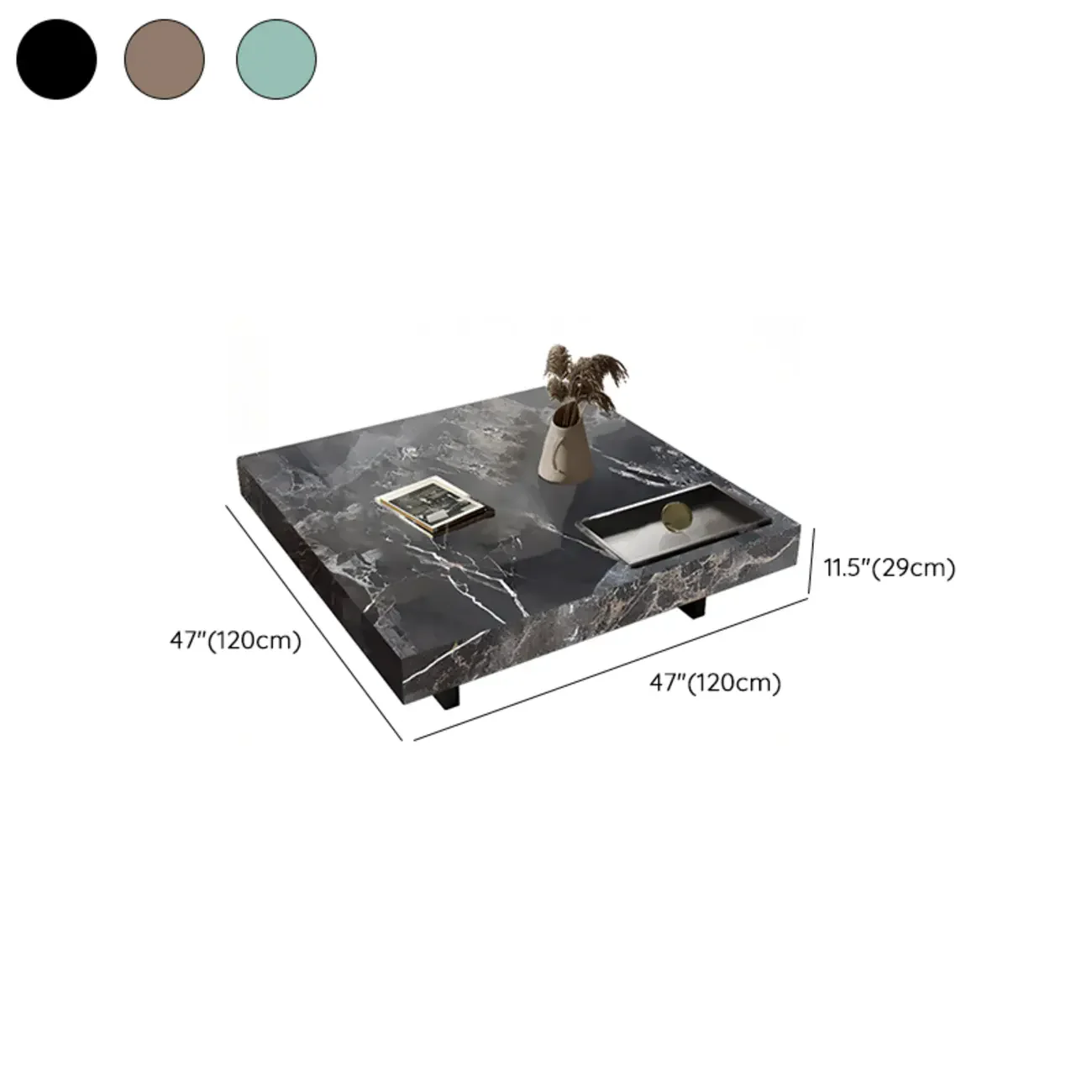 Modern Low Stone Square Coffee Table with Double Pedestal