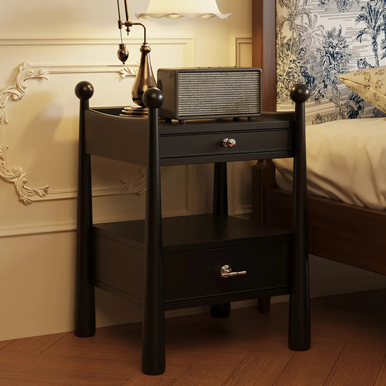 Mid-Century Modern Narrow Wood Nightstand with 2-Drawer