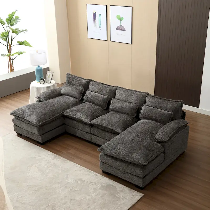 110.63 Modern U-Shaped Chenille 4 Seater Sectional Sofa with Double Cushions, 2 Chaise and High-Density Foam