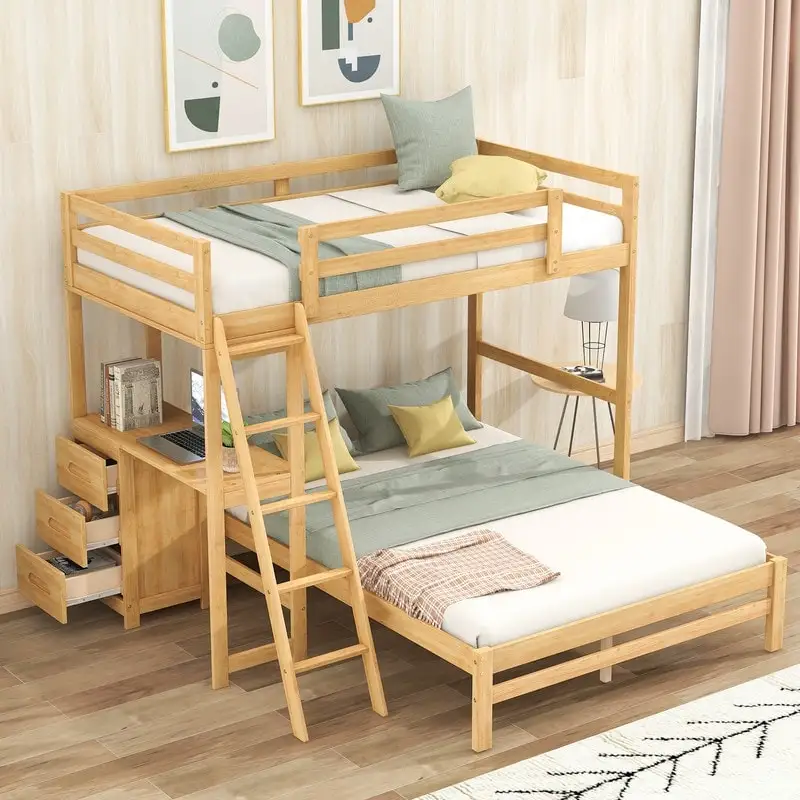 Twin over Full Bunk Bed with Built-in Desk,3 Drawers