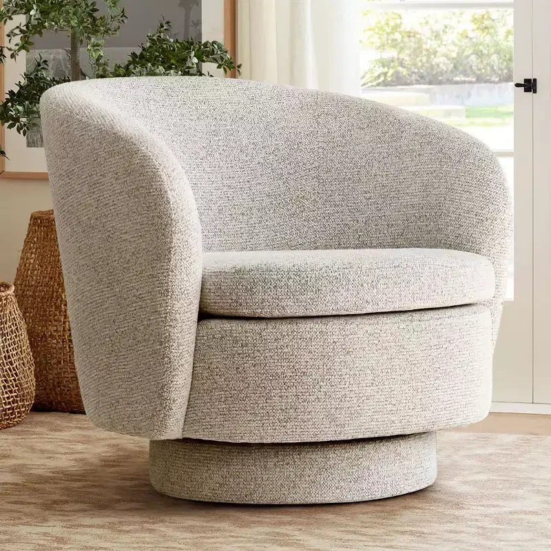 30.5 Modern Swivel Barrel Chair, Textured Tweed Upholstered Round Accent Armchair for Living Room, Bedroom Reading Nook