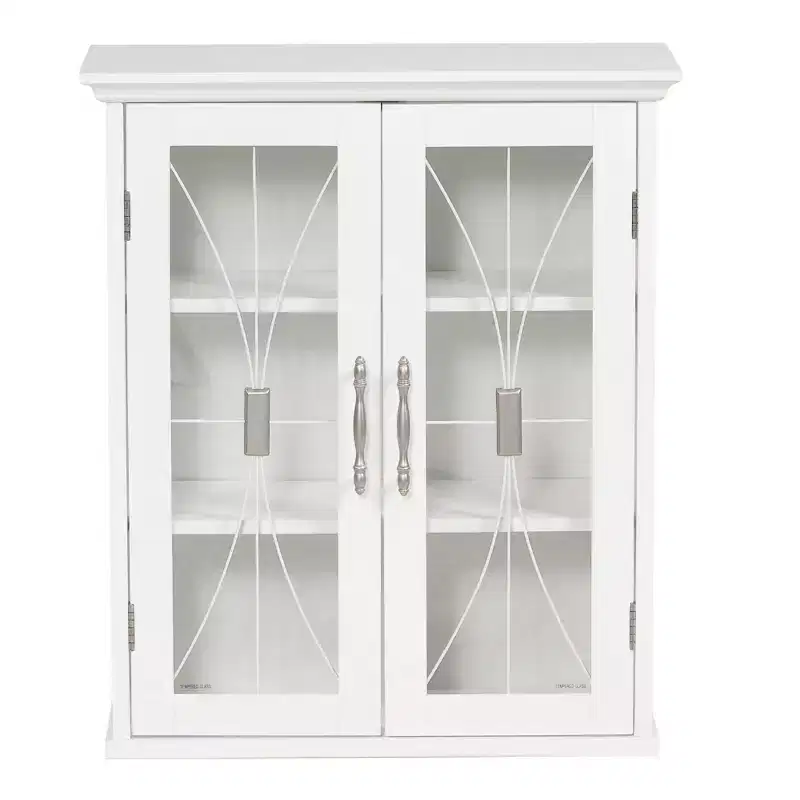 Wall Cabinet with 2 Tempered Glass Doors & 2 Adjustable Shelves, White, 20.5