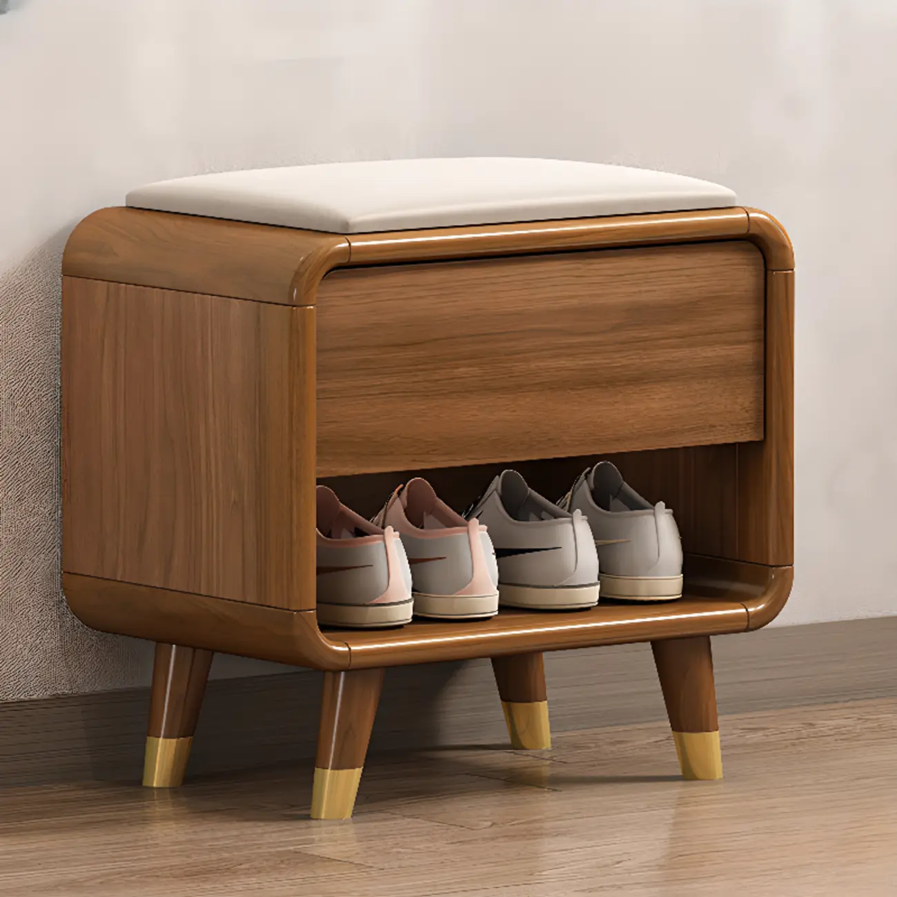 Entryway Natural Wood Shoe Storage Bench with Drawers