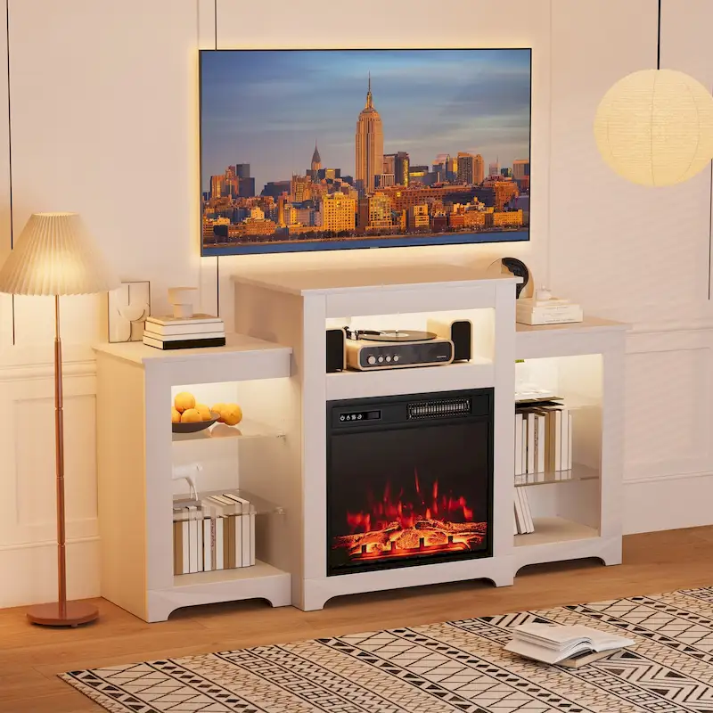 32  H TV Stand with Fireplace for TVs up to 80  - Remote Control, Energy-Efficient Heater, 16-Color Light Strip