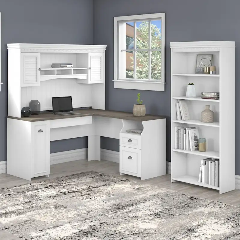 Fairview 60W L Shaped Desk with Hutch and Bookcase by Bush Furniture