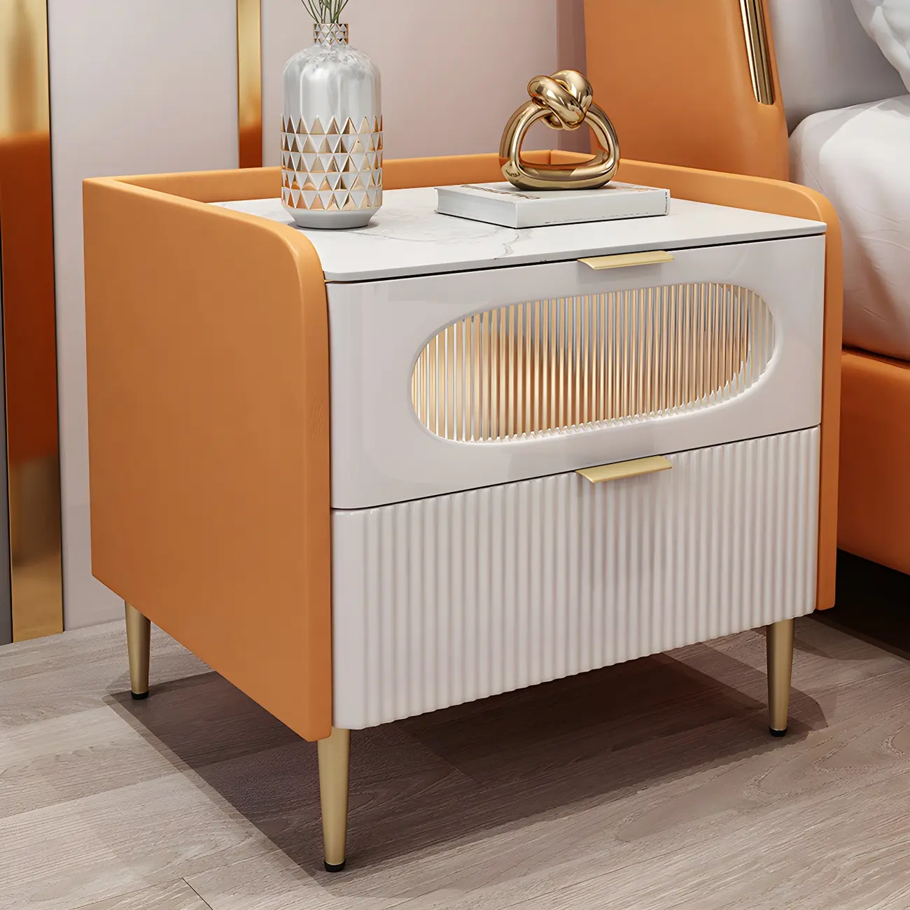 Modish Leather Bedside Table 2 Drawers with Stone Countertop