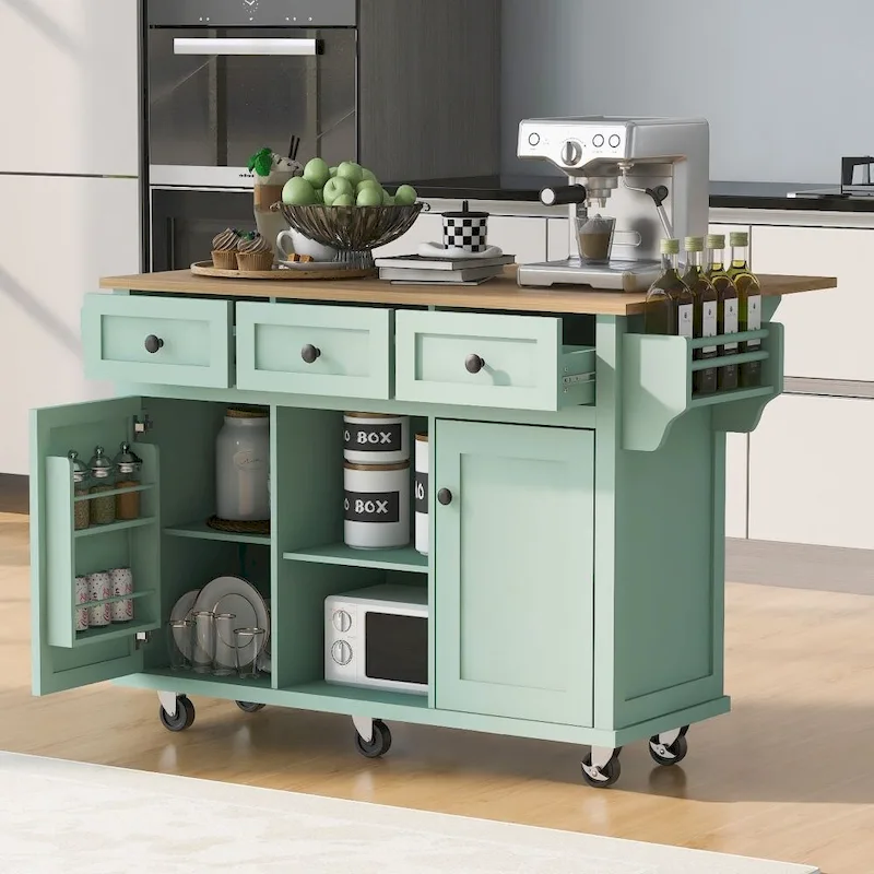 Kitchen Cart with Rubber Wood Drop-Leaf Counter Top