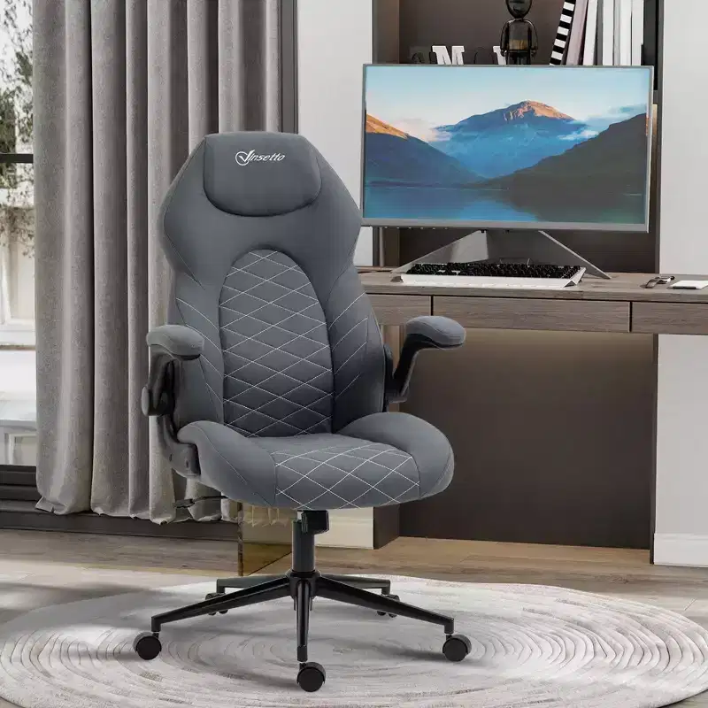 Okak High-Back Ergonomic Office Chair with Wheels, Desk Chair with Flip Up Armrests and Adjustable Height, Comfy Chair for Study, Office, Gray