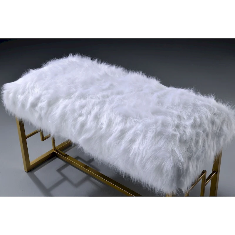 Modern Style Faux Fur Upholstered Bench with Geometrical Side Panels, White and Gold - 21 H x 17.5 W x 37.5 L Inches