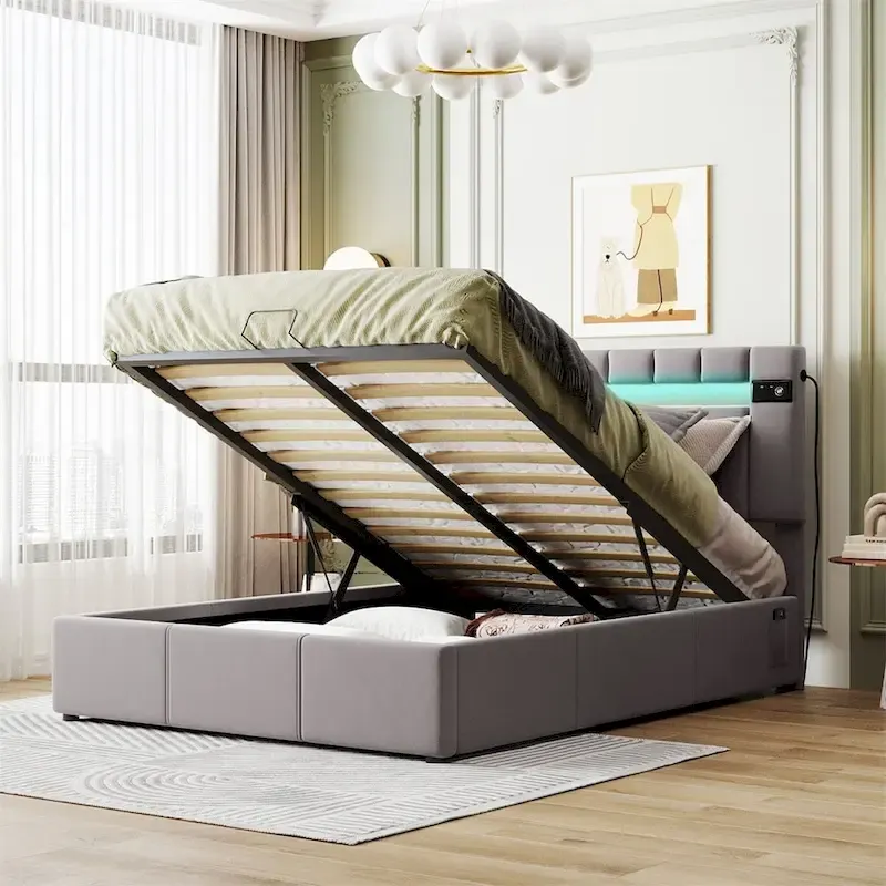 Upholstered Storage Bed with LED Light, Bluetooth and USB Charging
