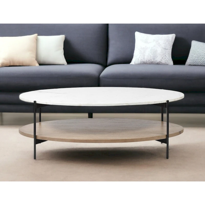 HomeRoots 48 Brown and Black Genuine Marble and Metal Oval Coffee Table With Shelf - 30