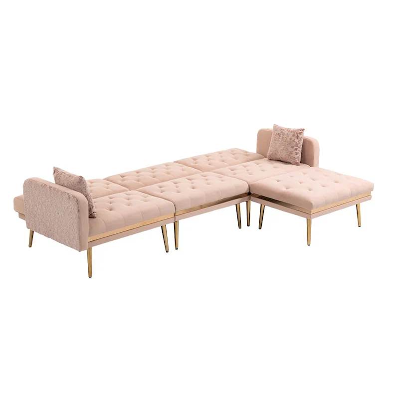 Polyester Upholstered Tufted Sleeper L-Shaped Sectional Sofa With Ottoman