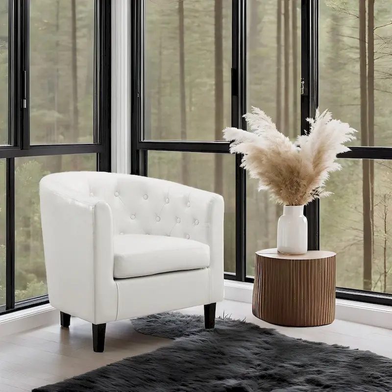 Accent Chair, Button Tufted Faux Leather Barrel Chair, Midcentury Modern Accent Chair, Comfy Armchair, Tub Barrel Chairs