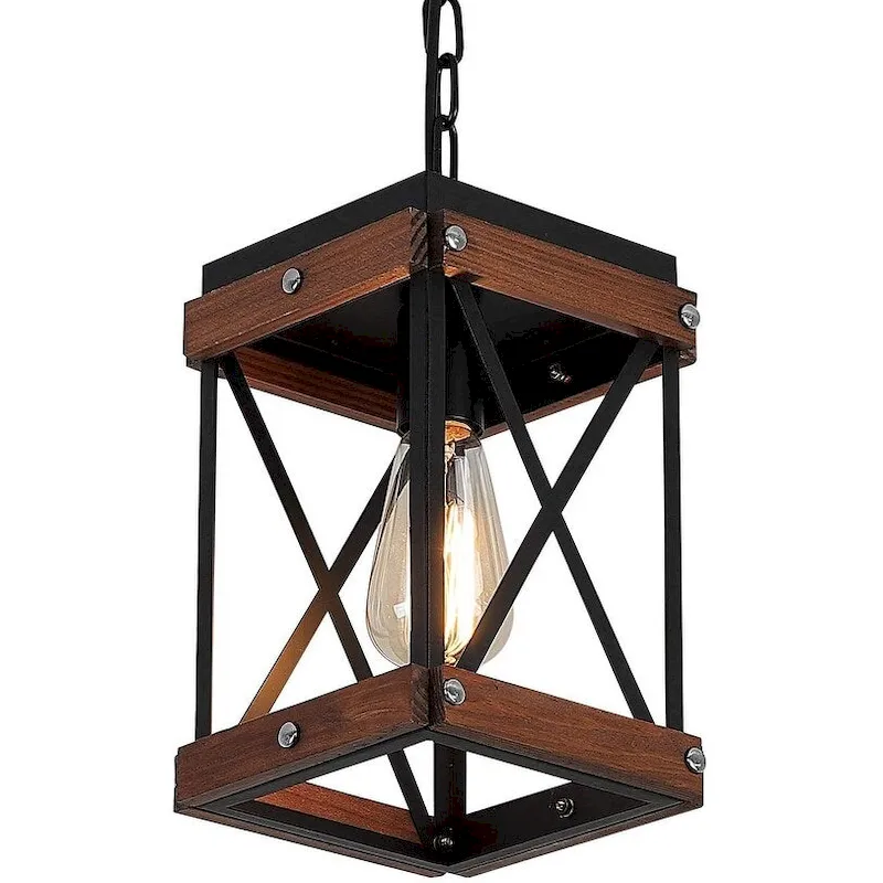 Farmhouse Square Wood Pendant Lighting for Kitchen Island Black Cage Pendant Light