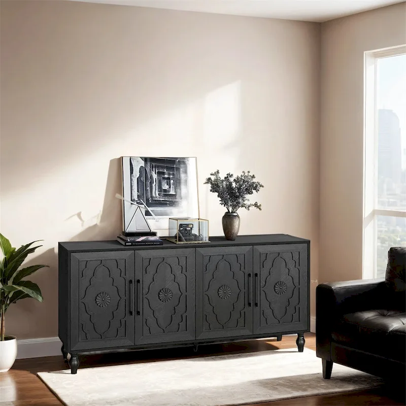 Carved Flower Door Large Storage Cabinet With Metal Handle