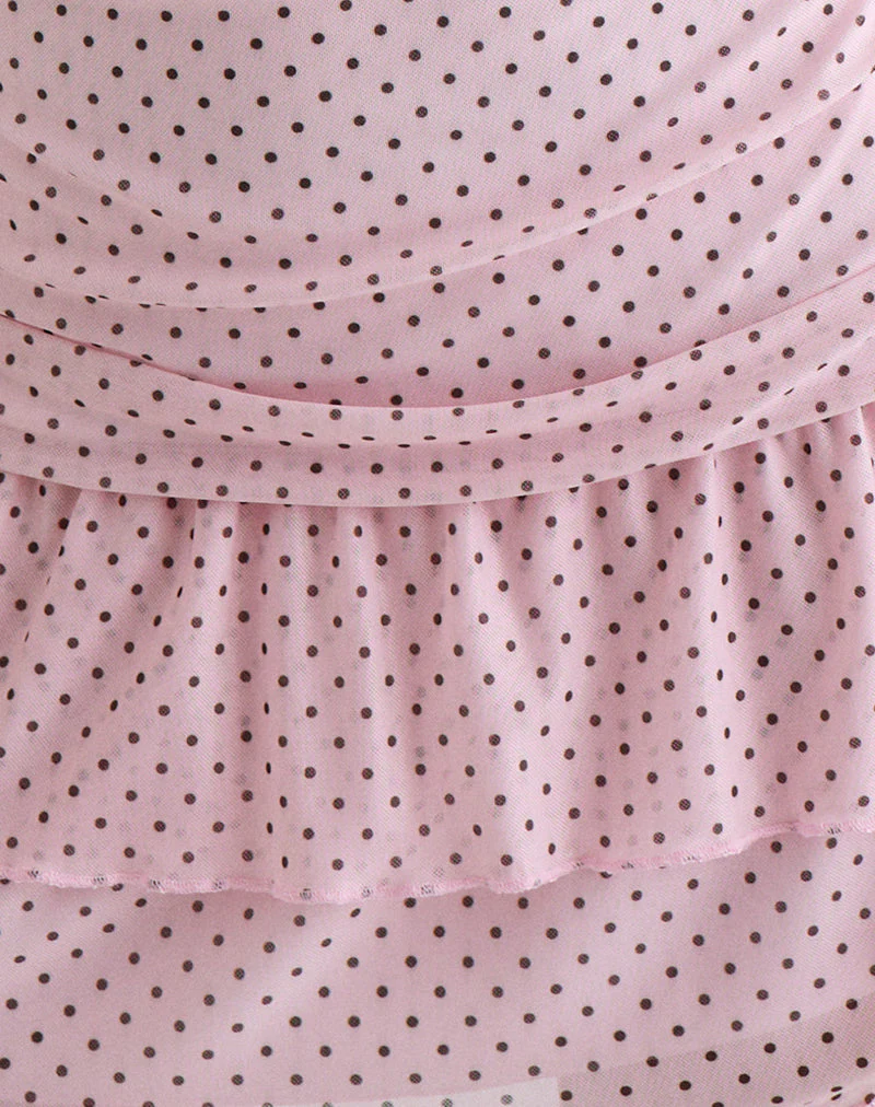 Mowgli Cap Sleeve Mini Dress in Baby Pink with Micro Polka Black