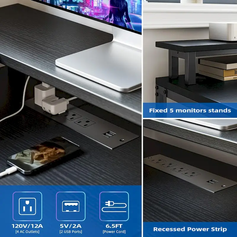 68 Home Office Desk with File Drawer & Power Outlet, LED Lights
