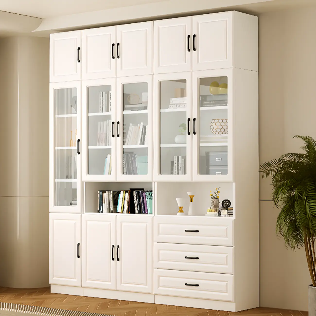 Classic White Vertical Wood Display Bookcase with Cabinet
