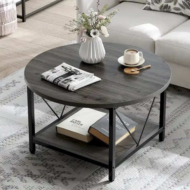Industrial 2-Tier Round Coffee Table with Shelf