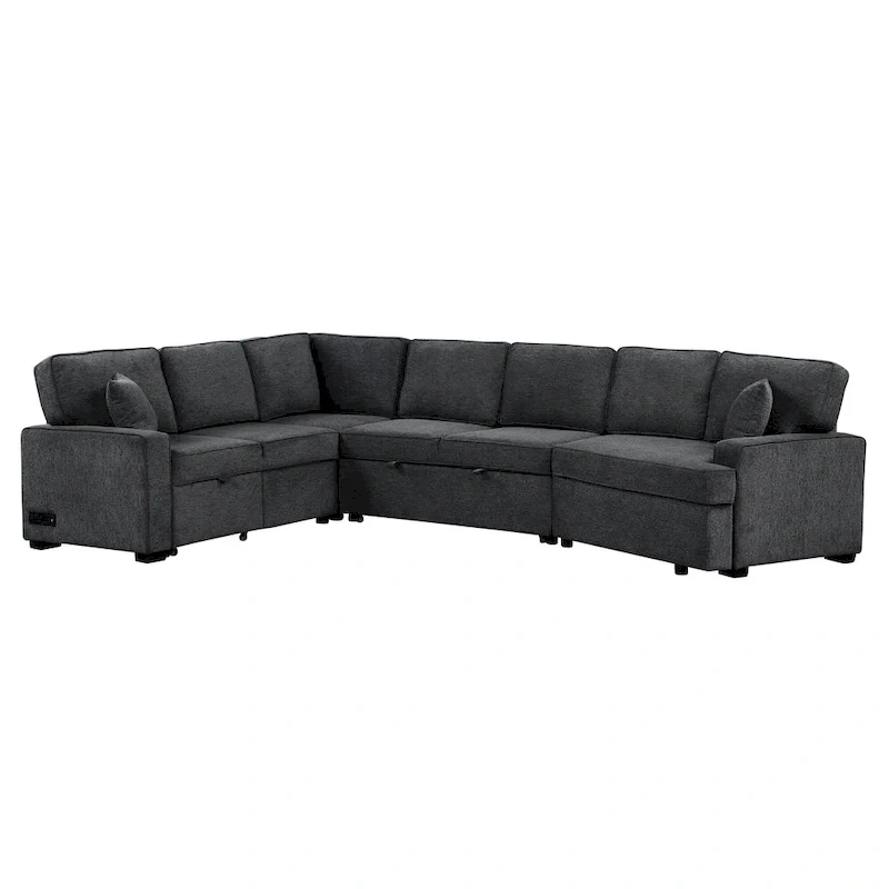 Black 126  L-Shaped 6-Seater Sofa with Pull-Out Bed and Cup Holders
