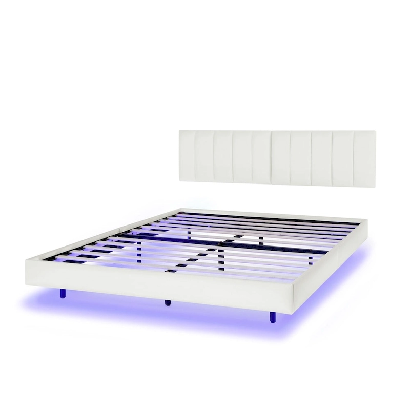 Floating Bed Frame With Led Lights And Wall Mounted Headboard