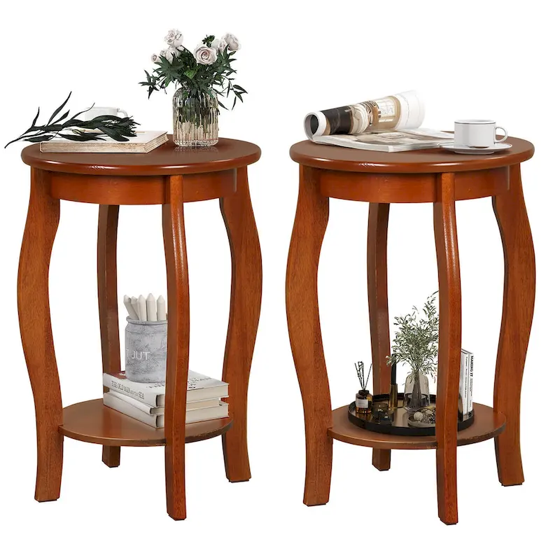 Gymax 2-Tier Round End Table Set of 2 Narrow Sofa Side Nightstand w/