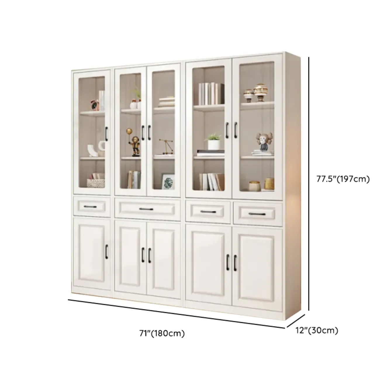 Rectangular White Wood Vertical Display Bookcase with Drawers