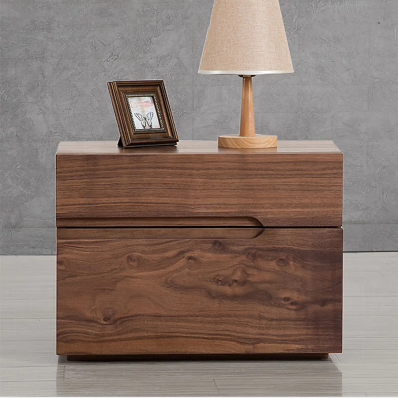 Scandinavian Brown Wood Bedside Table with 2 Drawer