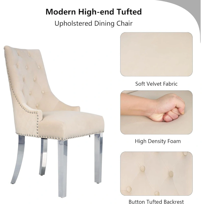 Velvet Dining Chairs Set of 2, Upholstered Tufted Nailhead Dining Room Chairs with Stainless Steel Legs & Lion Head Pull Ring