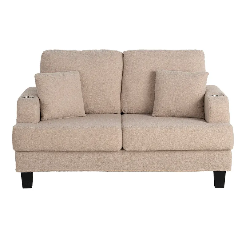61 Small Beige Loveseat Sofa with 2 Pillows and Cup Holder