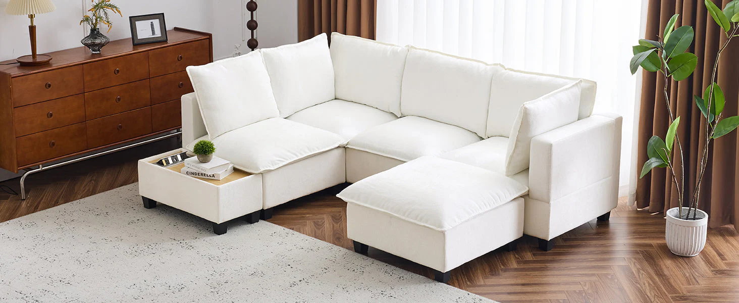 Walker Edison | Cloud Modular U-shaped Sectional Sofa with Ottoman and Coffee Table