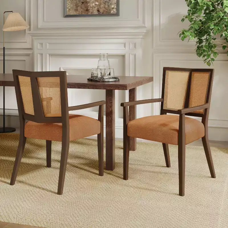 Beige/Dark Brown Upholstered Dining Arm Chairs with Rattan Back, Set of 2