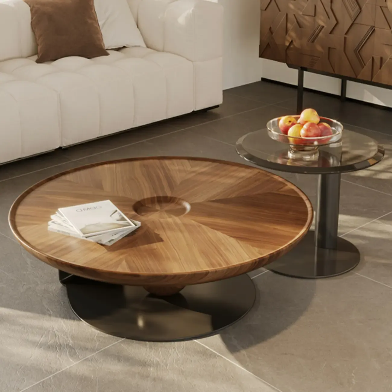 Tray Top Wood Walnut Abstract Base Round Coffee Table