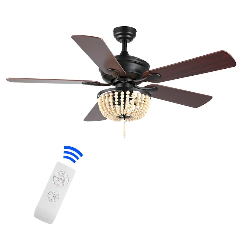 Quinn 52  3-Light Rustic Farmhouse Iron/Wood Bead Mobile-App/Remote-Controlled LED Ceiling Fan, by JONATHAN Y