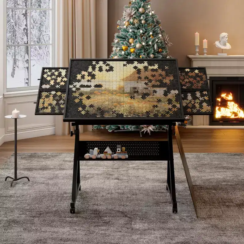 GDFStudio Anchalee Modern Metal and Wooden Jigsaw Puzzle Table Board with 4 Trays