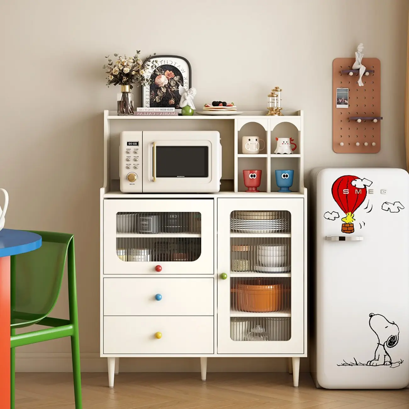 White Wooden 2-Drawer Glass Door Buffet Cabinet with Cubbies