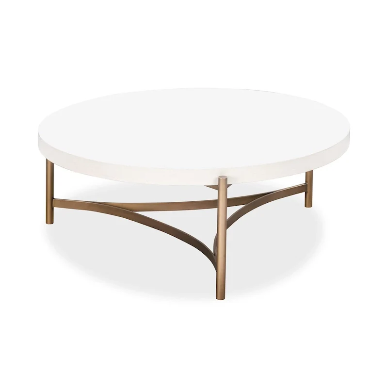 Leyu 46 Inch Round Coffee Table, White Concrete Top, Bronze Tripod Base