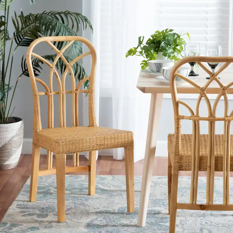 Monaco Modern Bohemian Oak Brown Finished Mahogany Wood and Natural Rattan Dining Chair
