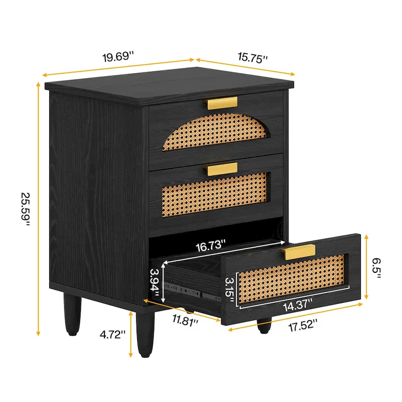 Wood/ Rattan Nightstand Bedside Table with 3-drawer